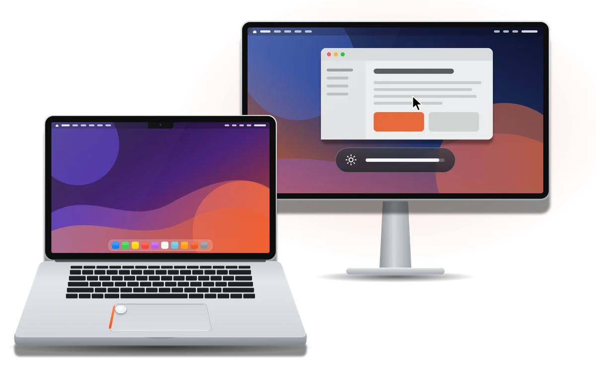 A MacBook next to an external monitor showing a brightness slider, controlled from the MacBook trackpad